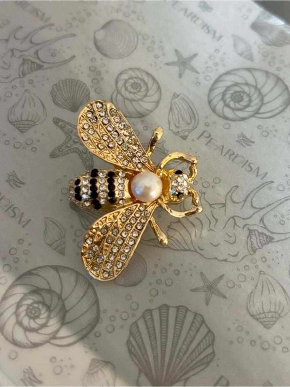 Pearl Gold Bee Brooch with Black and White Accents - Picture 2 of 2